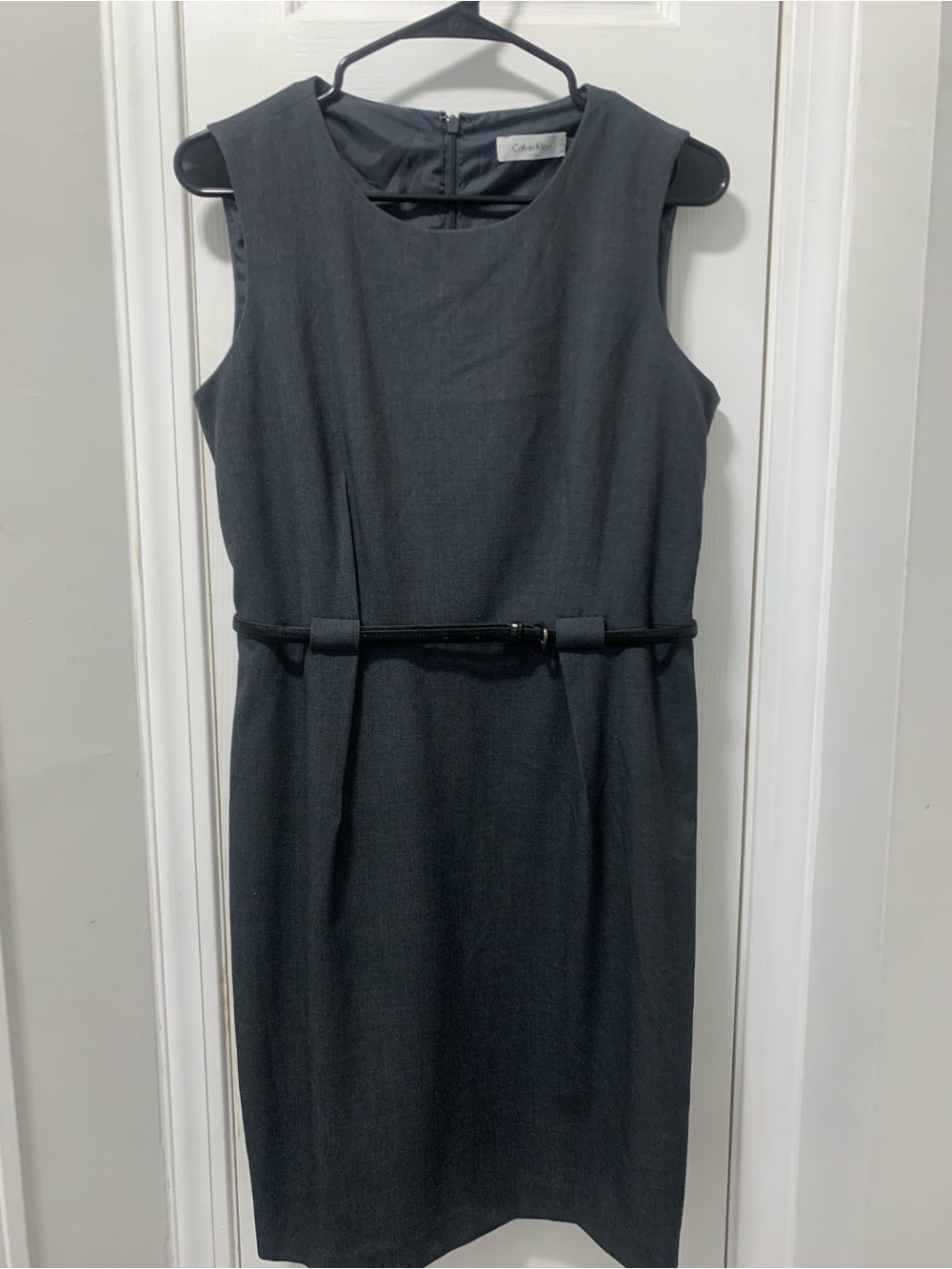 Calvin Klein Black Sleeveless Midi Sheath Dress with Slim Belt